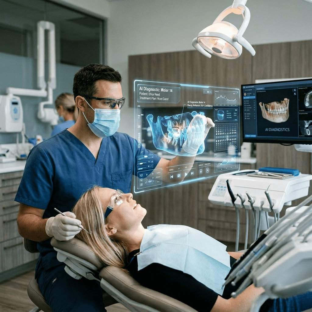Dentist reviewing AI-generated 3D X-ray of patient's molar for root canal treatment