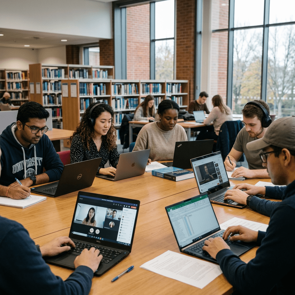 Group of diverse students studying with laptops and notes around a large table in a library