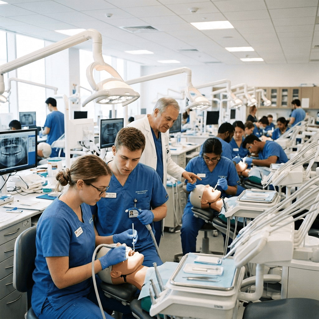 Dental students practicing dental procedures on mannequins under instructor supervision in a modern classroom