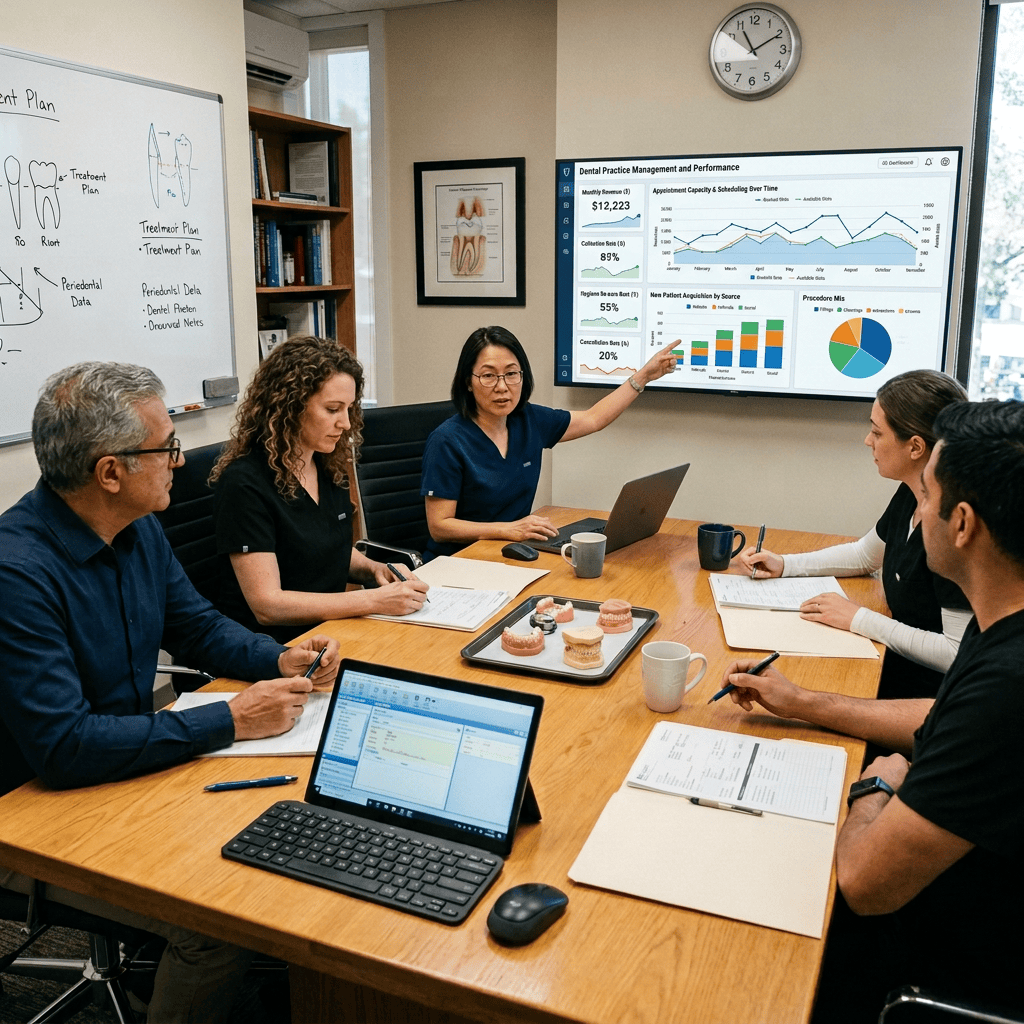 Dental team reviewing patient scans and treatment plans around a conference table