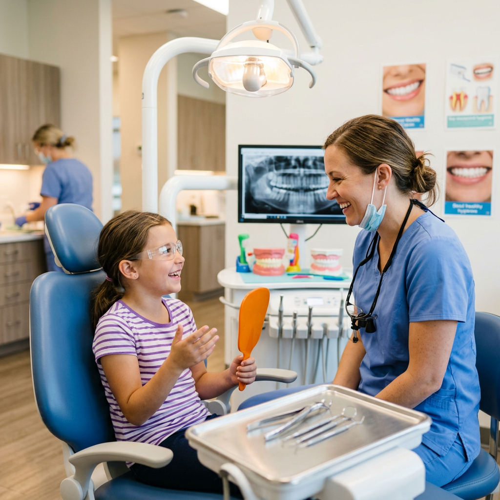 Happy child talking with dentist